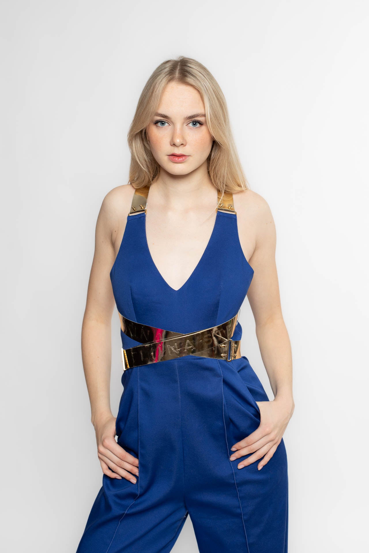 Blue Denim Leather Strap Jumpsuit