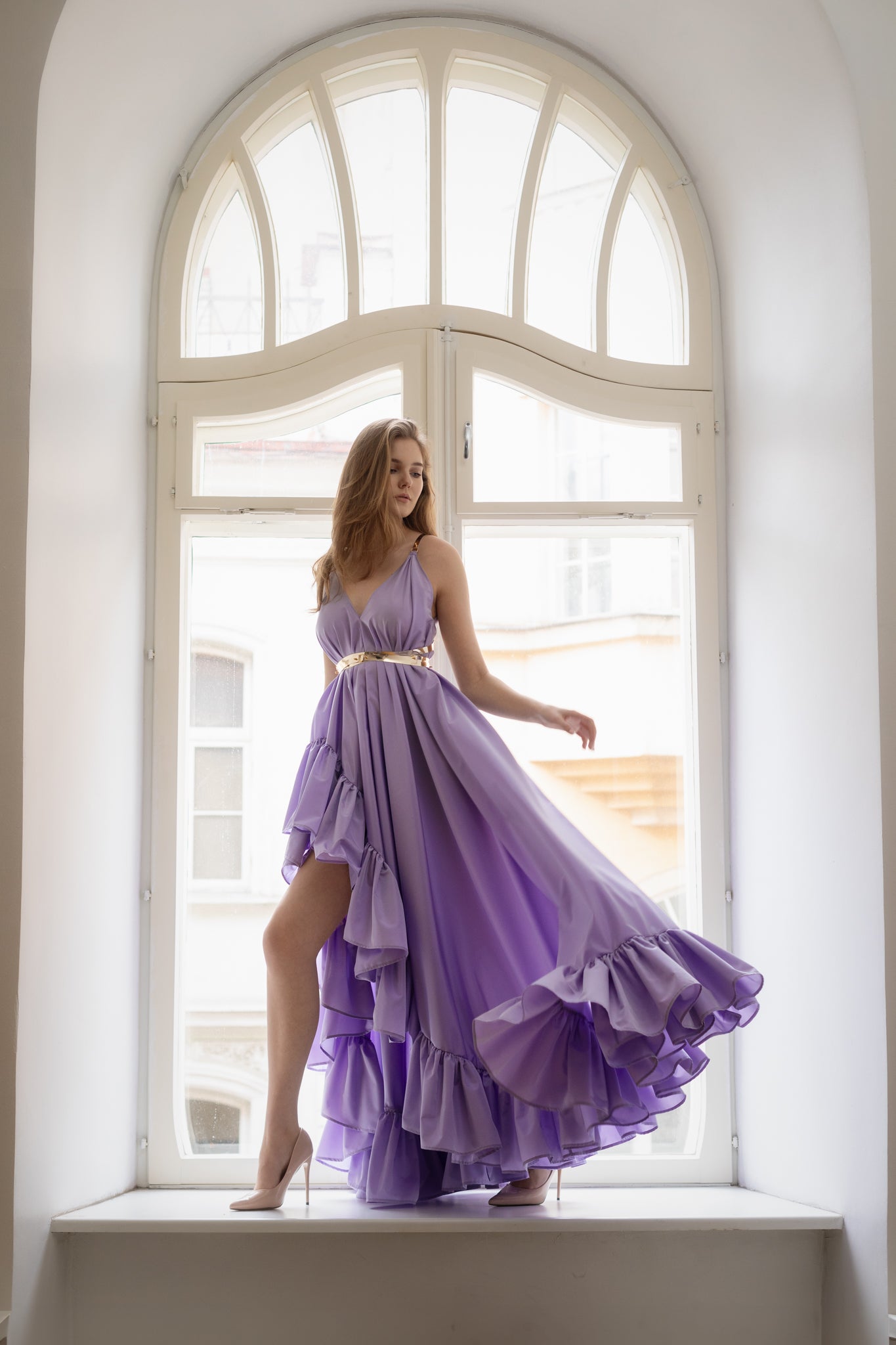 Fluffy Mauve Leather Strap Gown