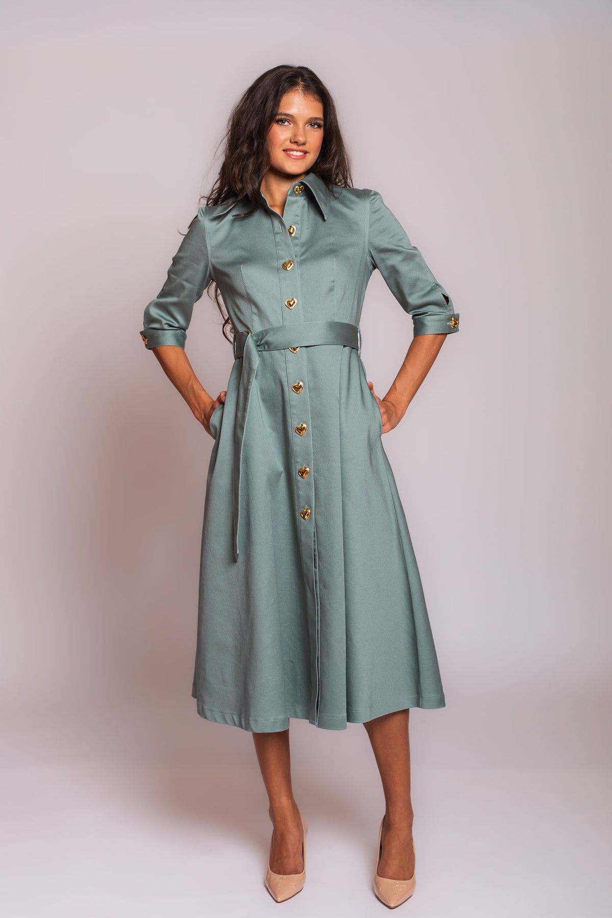 Sage Green Golden Hearts Denim Dress