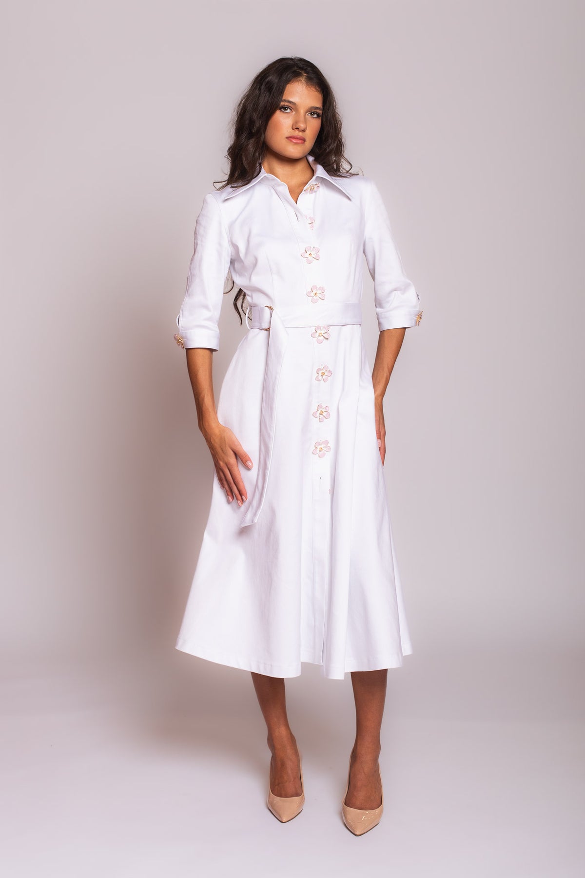 White Flower Bud Denim Dress