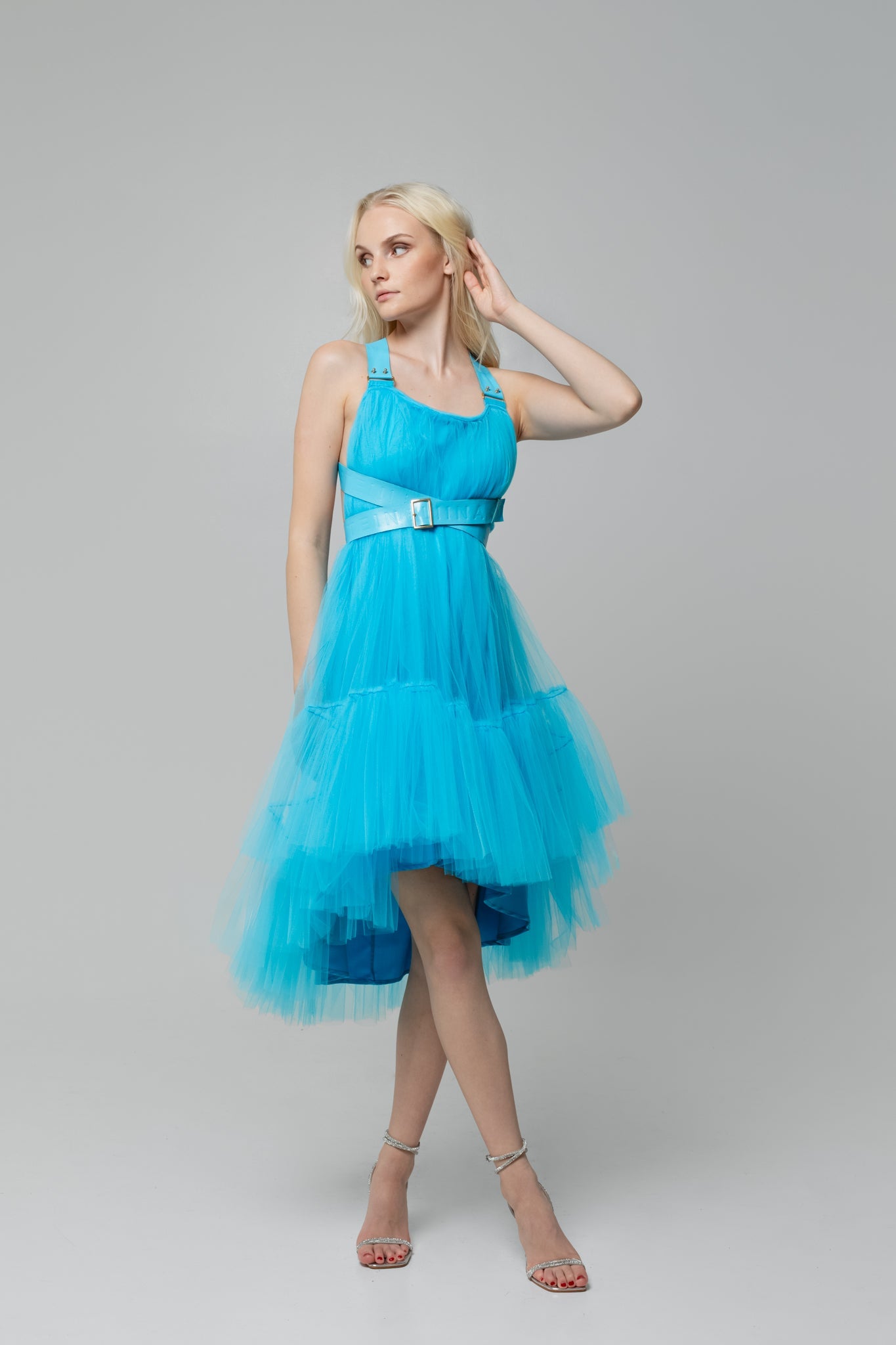 Blue Leather Strap Tulle Dress
