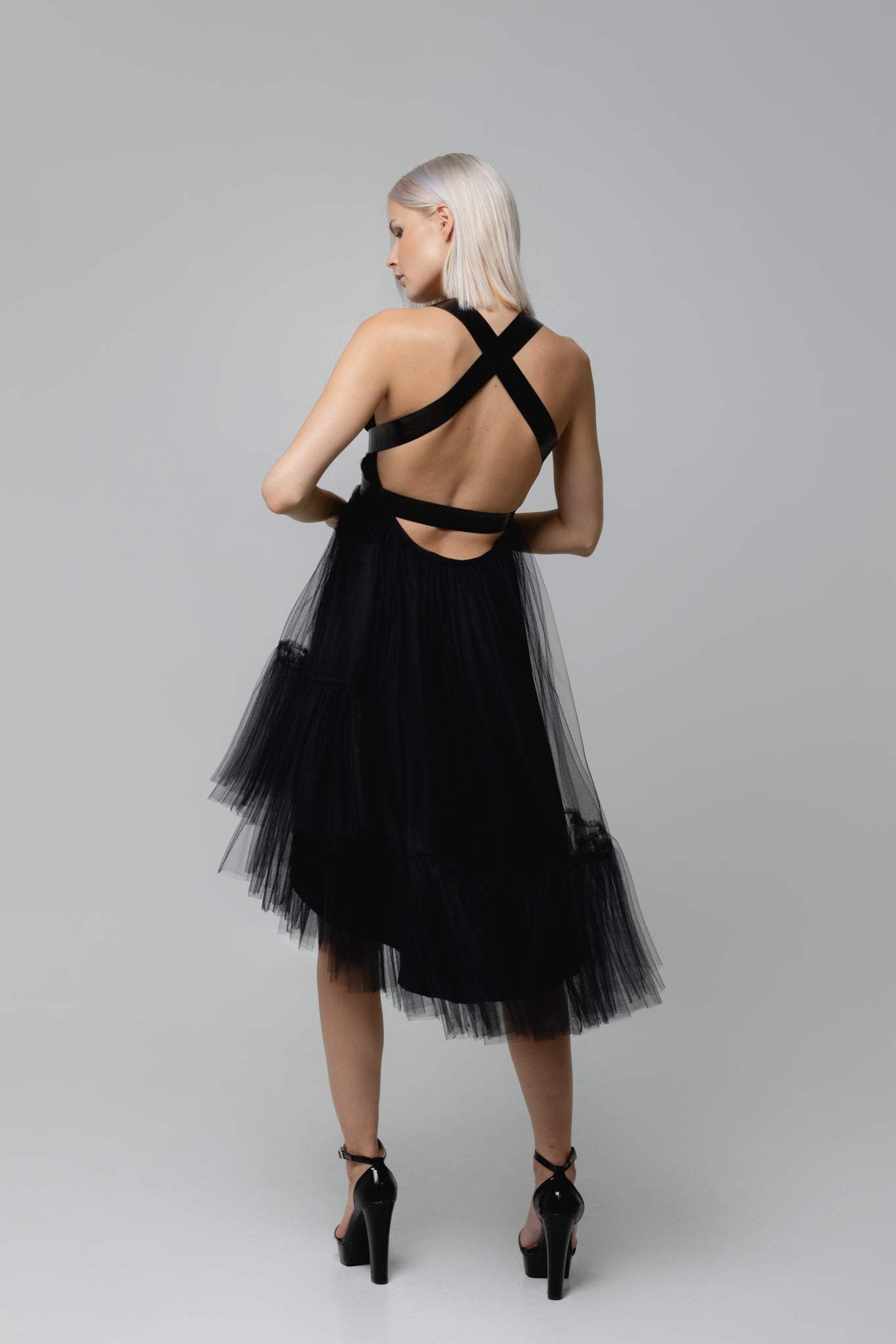 Black Leather Strap Tulle Dress