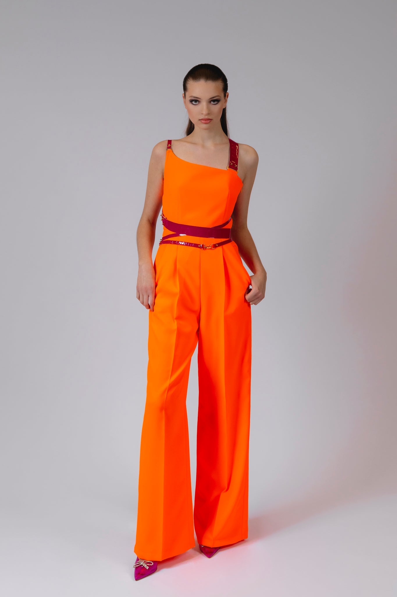 Orange Fluo Leather Strap Jumpsuit