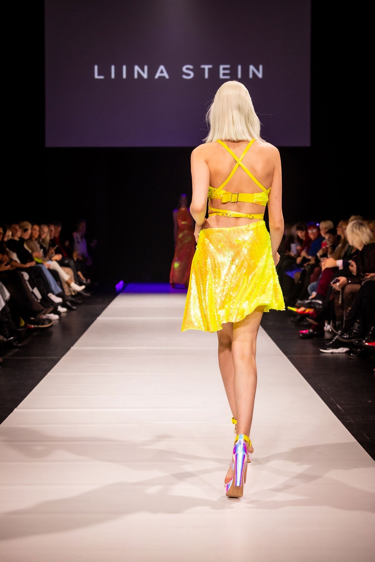 Yellow Fluo Leather Strap Sequin Dress