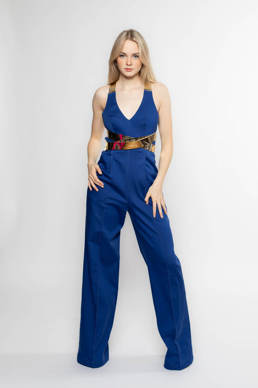 Blue Denim Leather Strap Jumpsuit