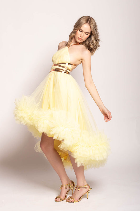 Yellow Leather Strap Tulle Dress