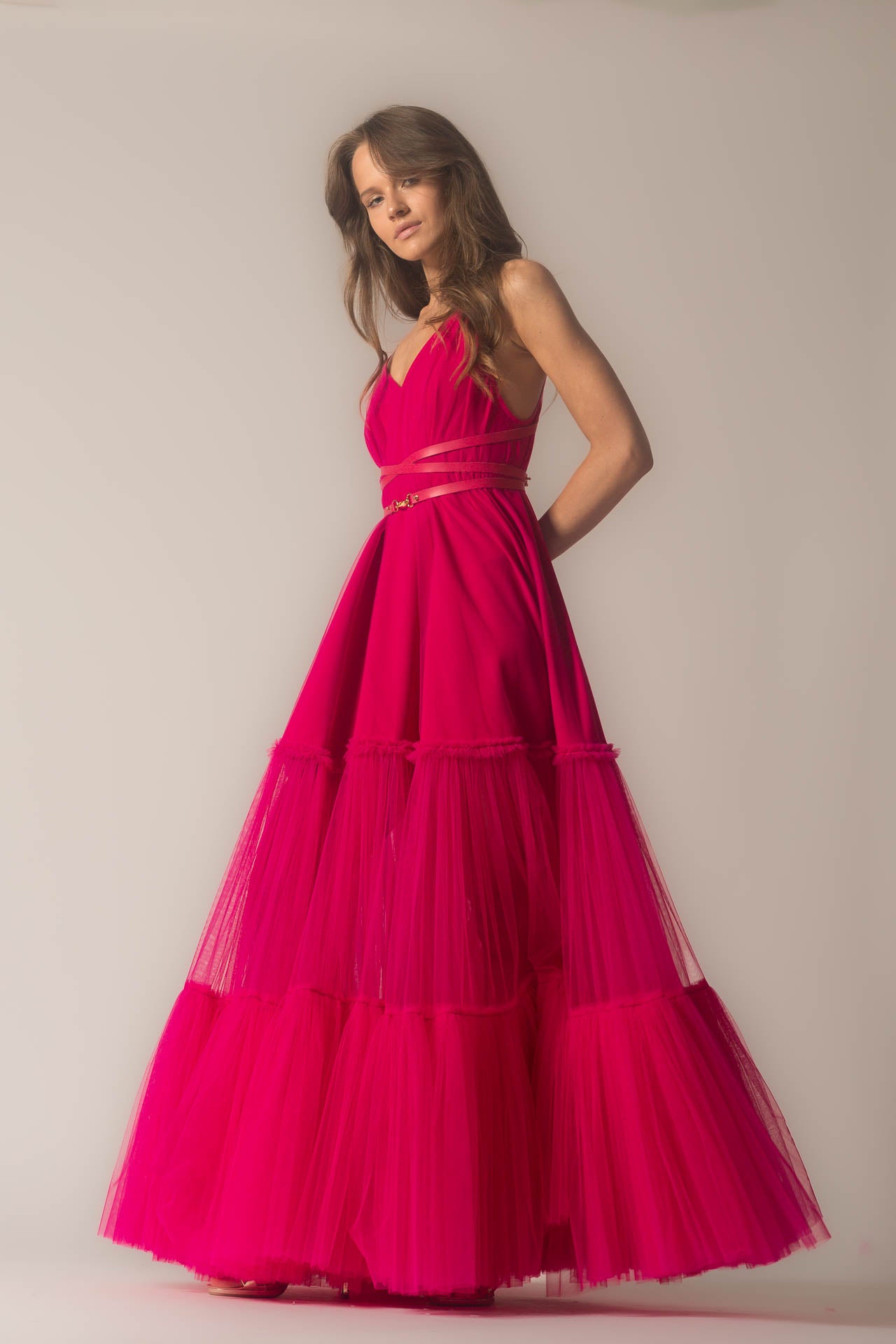 Pink Leather Strap Tulle Dress