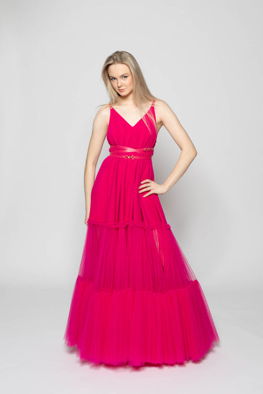 Pink Leather Strap Tulle Dress