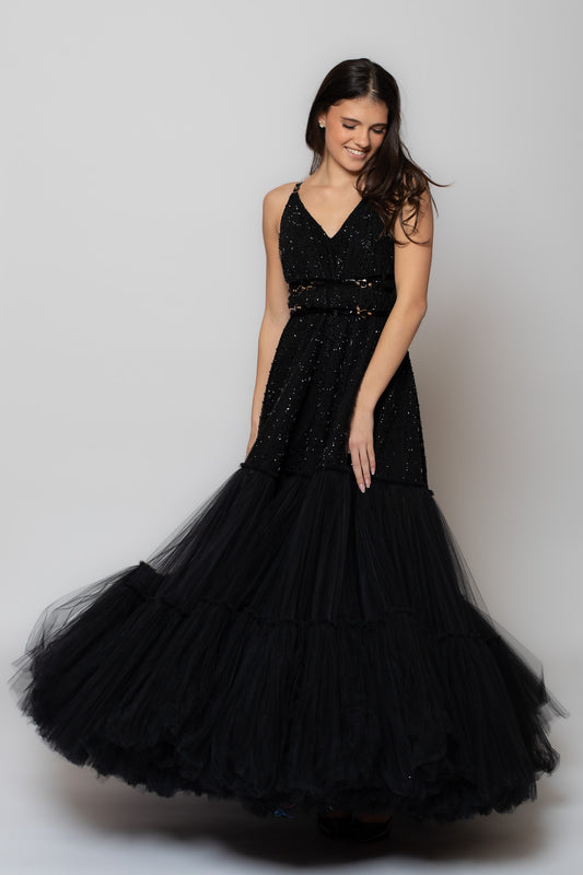 Black Leather Strap Tulle Gown