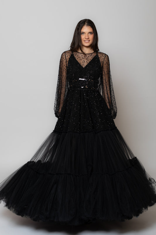 Black Leather Strap Tulle Gown