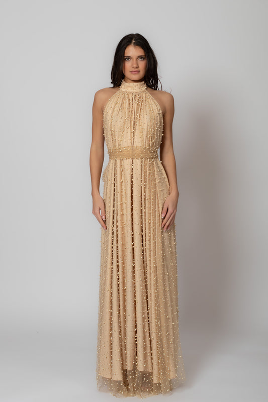 Long Golden Pearl Dress