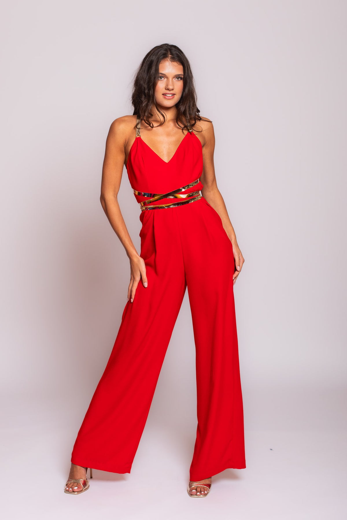 Red Leather Strap Jumpsuit
