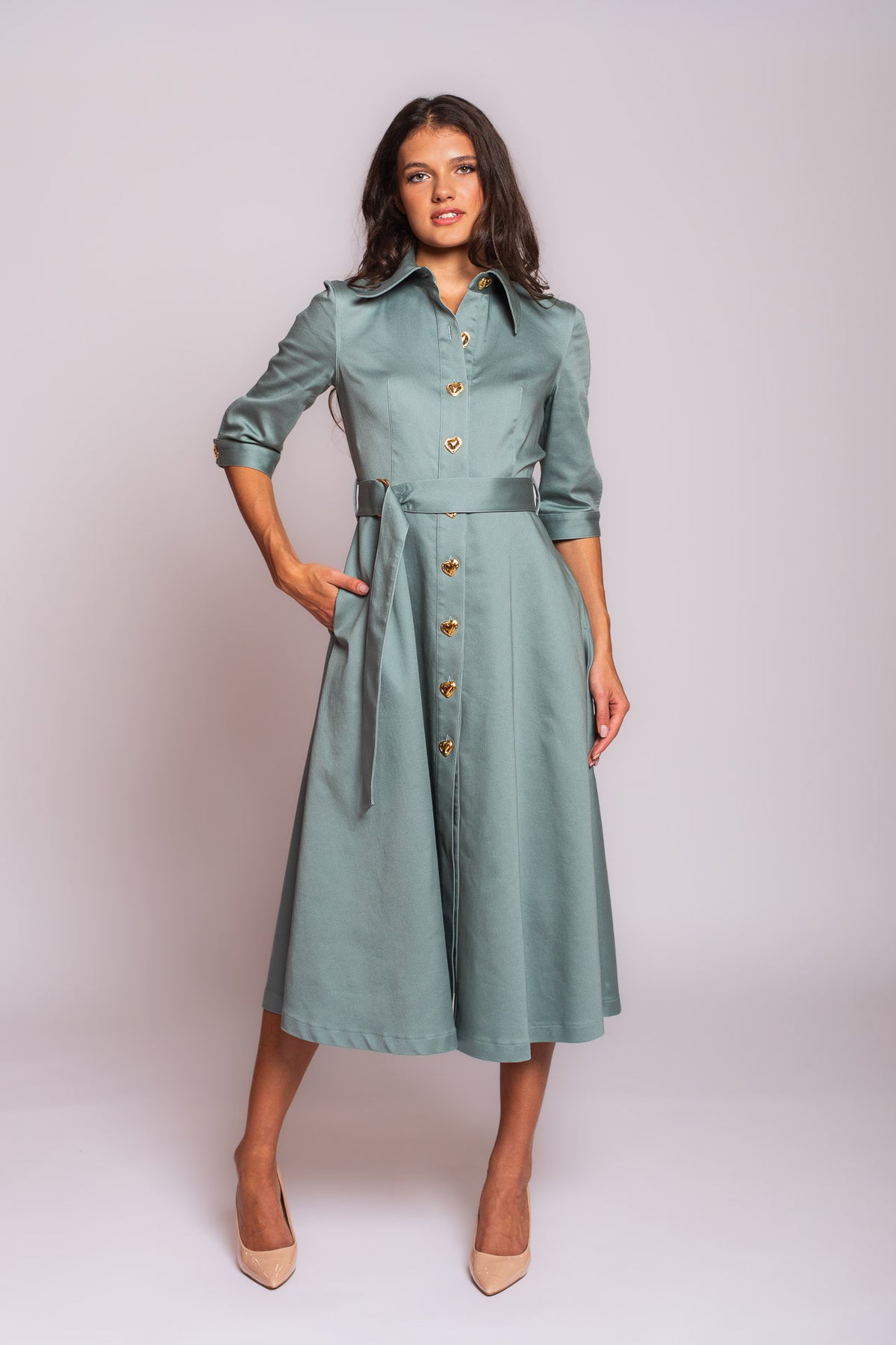 Sage Green Golden Hearts Denim Dress