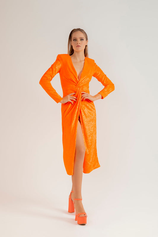 Orange Fluo Velvet Twist Dress