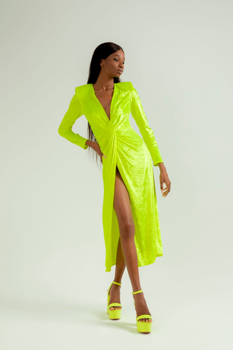 Yellow Fluo Velvet Twist Dress