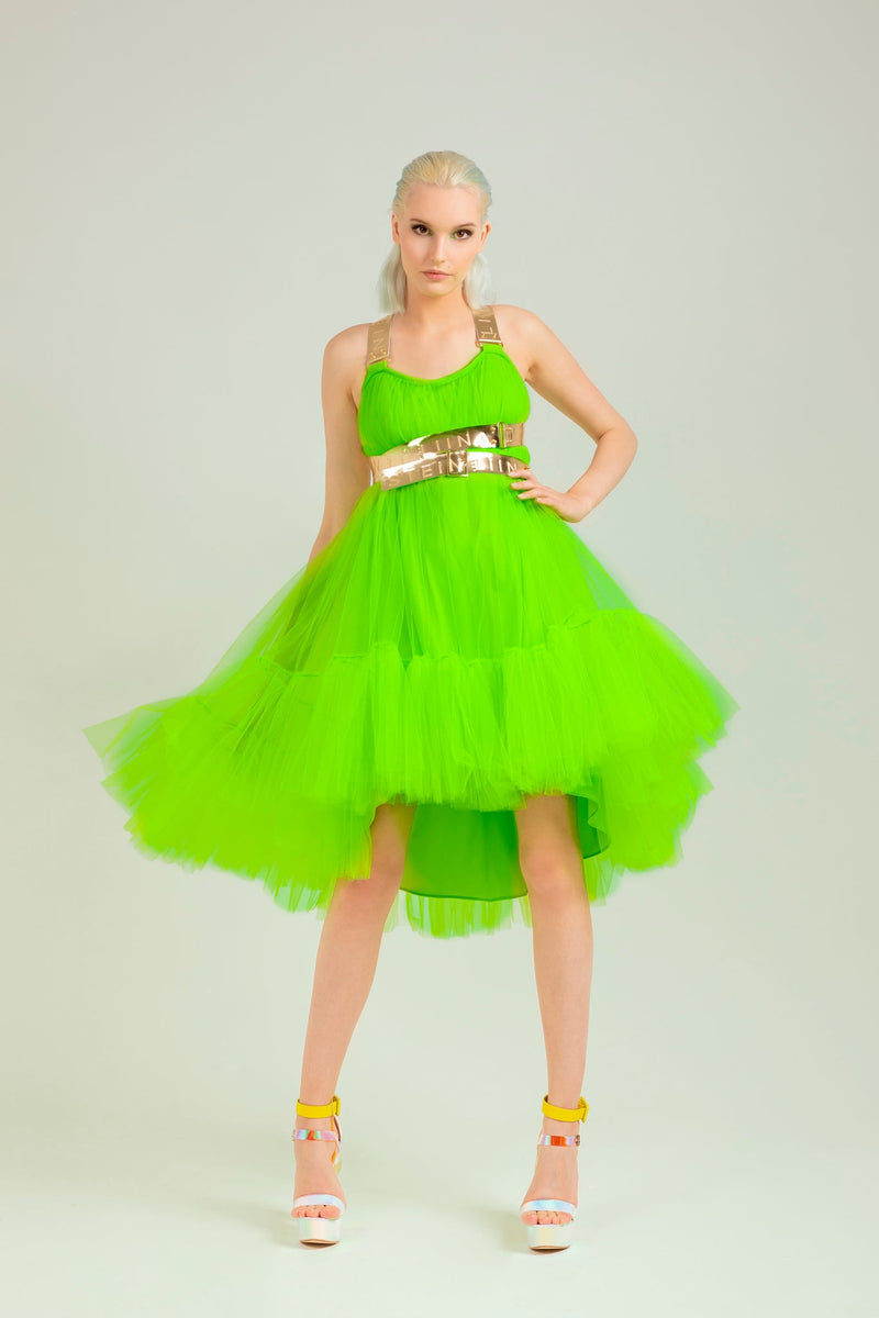 Green Fluo Leather Strap Dress