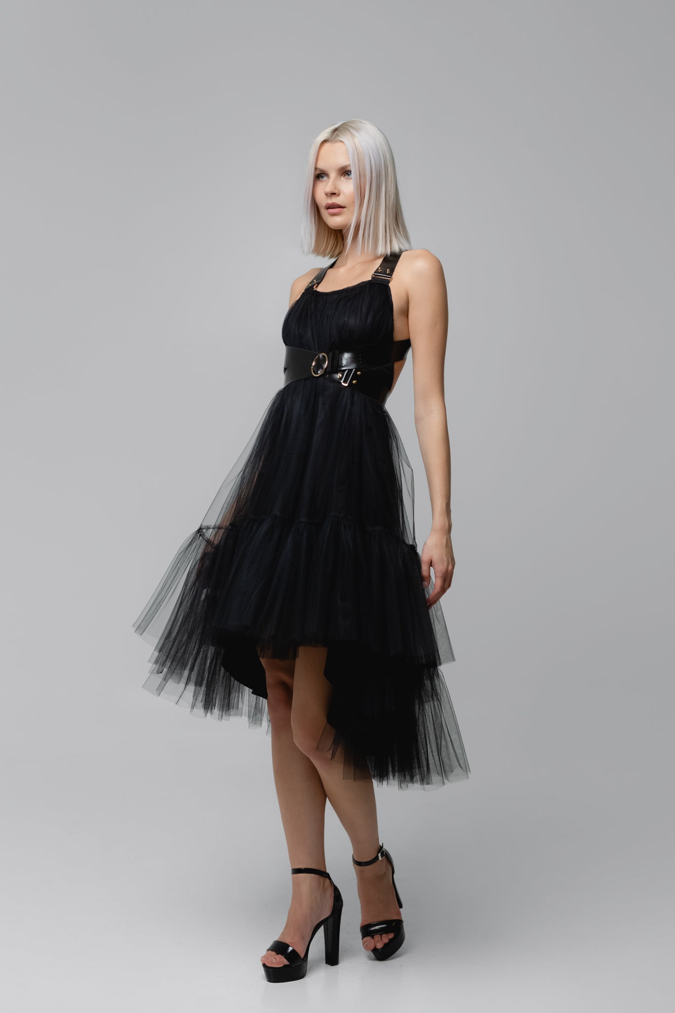 Black Leather Strap Tulle Dress