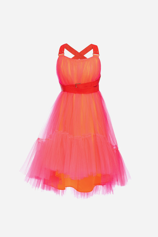 Orange Pink Leather Strap Tulle Dress