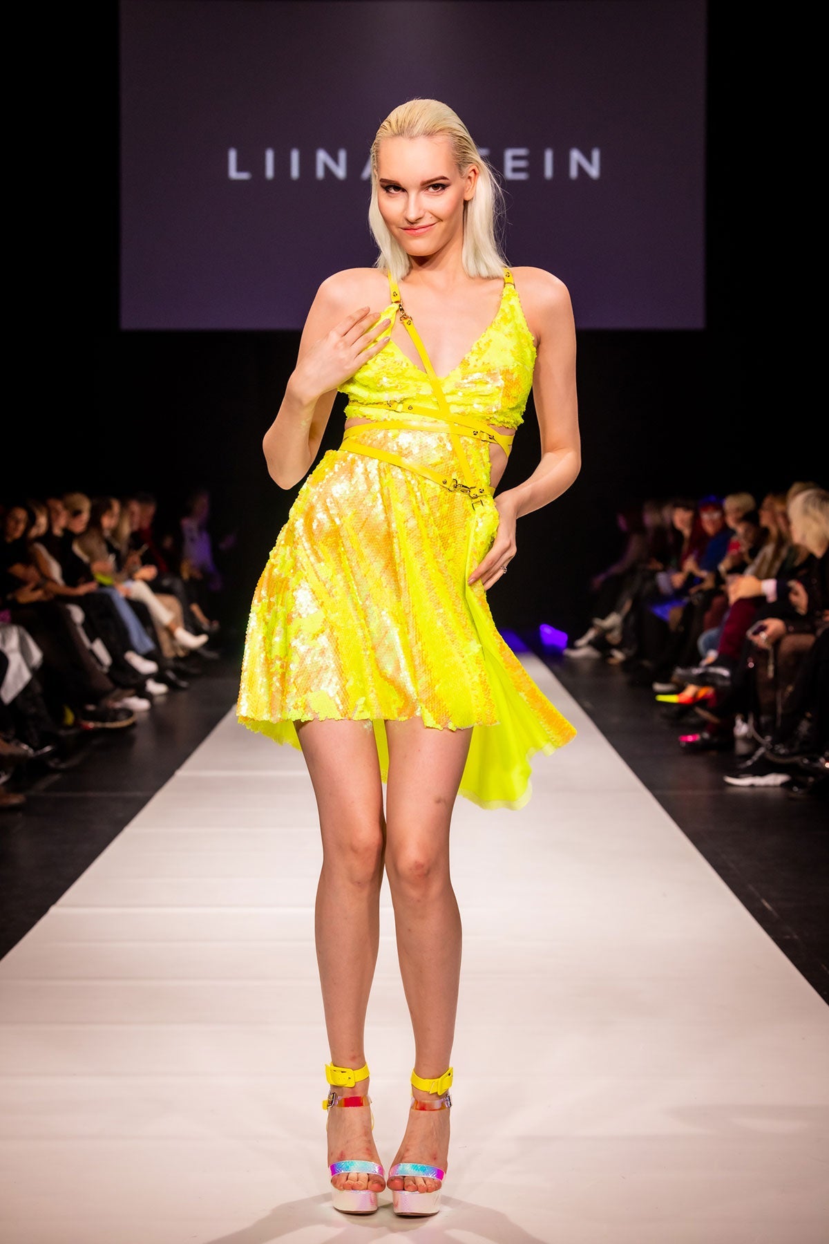 Yellow Fluo Leather Strap Sequin Dress