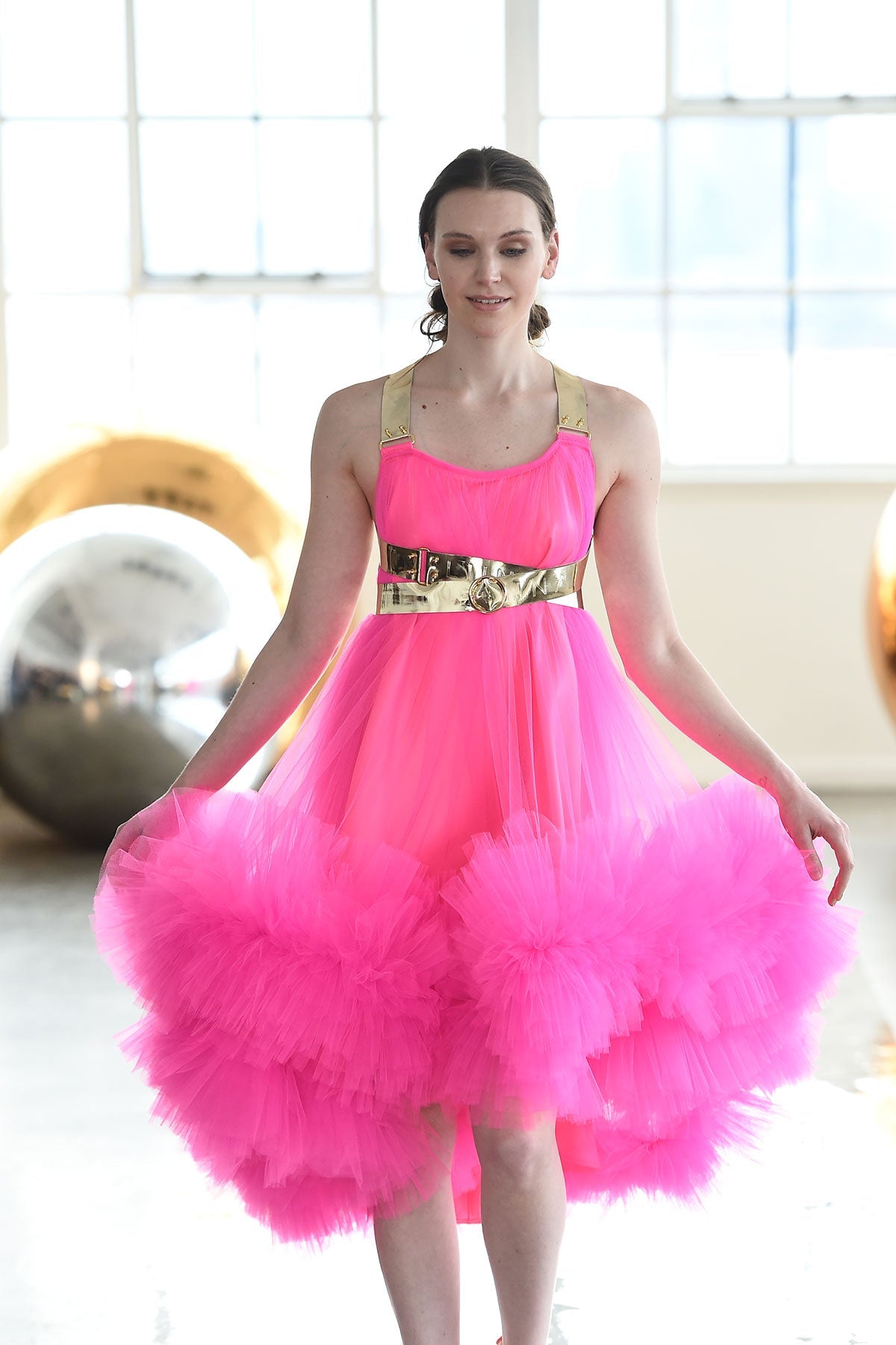 Pink Leather Strap Tulle Dress